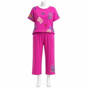 Coconut Bay Travel Postcard Lounge Set Pink Cotton USA Top Pants Womens Small